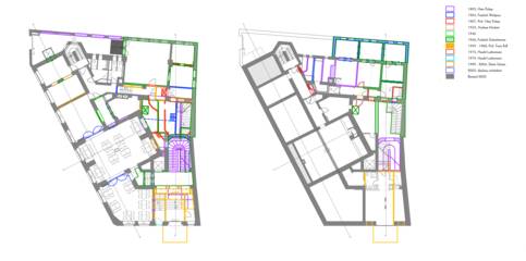 Grundrisse Erdgeschoss und Zwischengeschoss mit Einzeichnung der verschiedenen (Um-)Baumaßnahmen über die Jahre