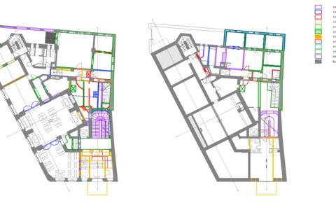 Bild: Grundrisse Erdgeschoss und Zwischengeschoss mit Einzeichnung der verschiedenen (Um-)Baumaßnahmen über die Jahre